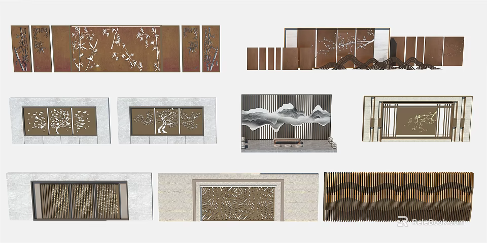 Modern Feature Wall Designs With Bamboo Landscape Patterns And Perforated Metal Panels 3d model 