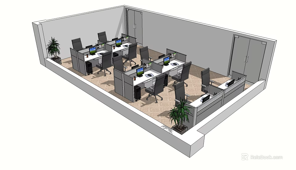 Public Office Space With Modern Workstations Computer Setups Dividers And Green Plants 3d model 
