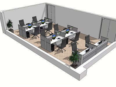Public Office Space With Modern Workstations Computer Setups Dividers And Green Plants 3d model