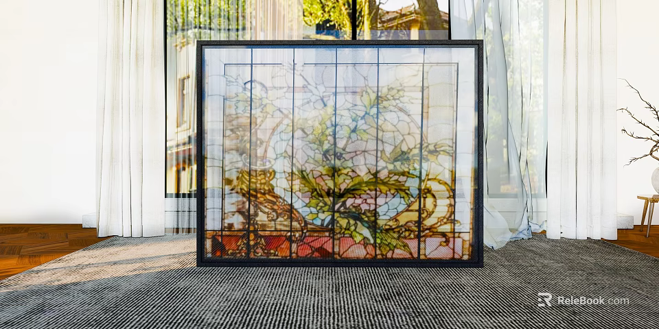 Stained Glass Floral Pattern Decorative Ornament Set With Black Frame For Indoor Decoration 3d model 