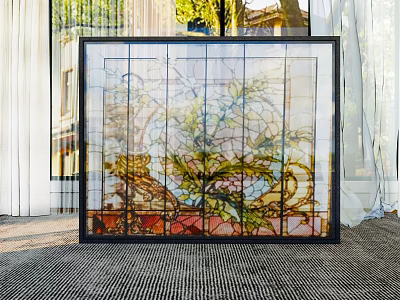 Stained Glass Floral Pattern Decorative Ornament Set With Black Frame For Indoor Decoration 3d model