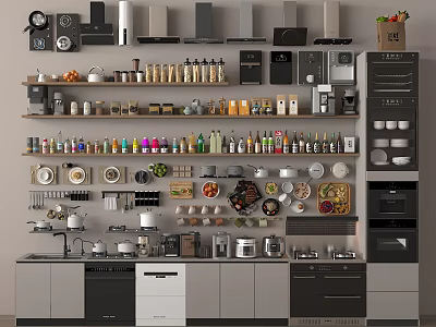 Diverse Kitchen Supplies Display On Shelves With Utensils Cookware Appliances And Storage Jars 3d model