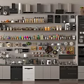 Diverse Kitchen Supplies Display On Shelves With Utensils Cookware Appliances And Storage Jars