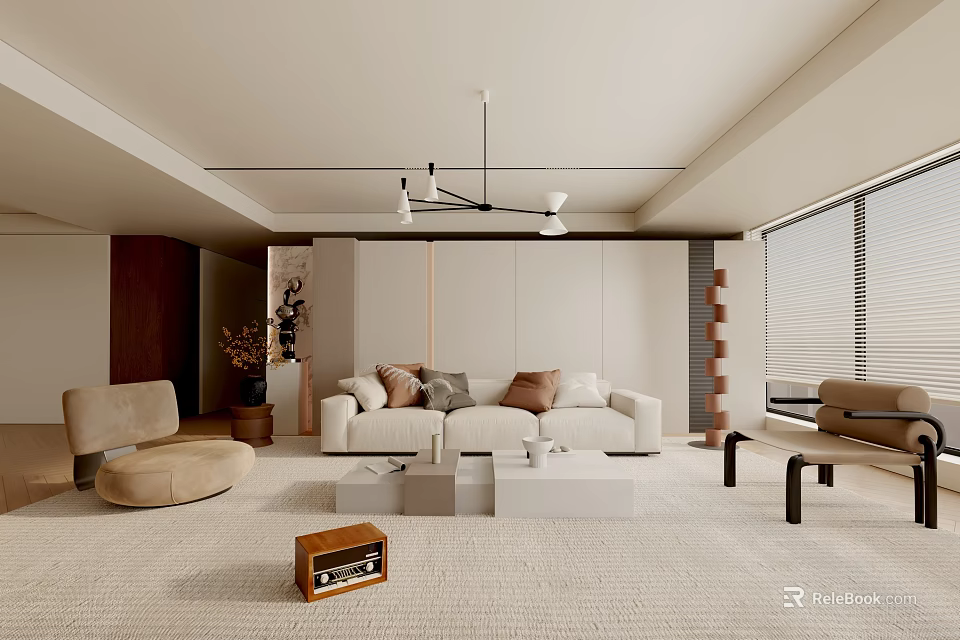 Modern Living Room Interior With White Sofa Coffee Table Soft Rug And Chandelier 3d model 