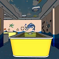 Swimming Pool Interior Featuring White Basins Yellow Cabinets Sea Turtle Fish Decorations And City View