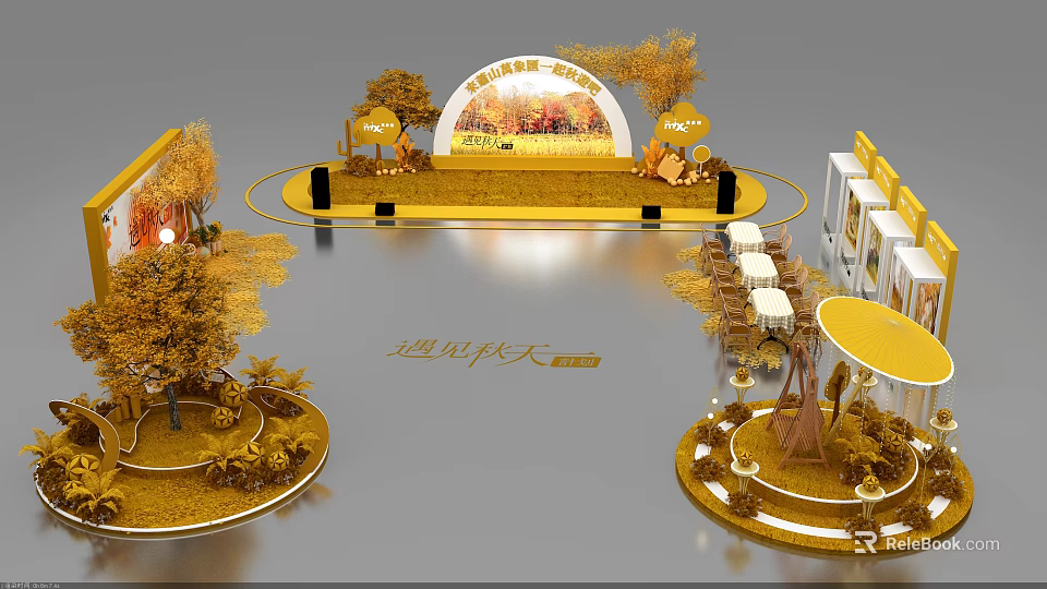 Autumn Themed Stage Design With Golden Trees Round Arch Decorations And Arranged Seats 3d model 