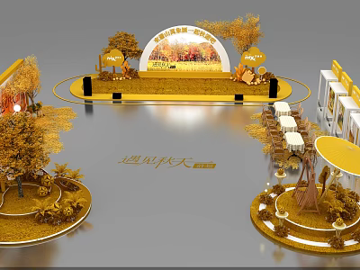 Autumn Themed Stage Design With Golden Trees Round Arch Decorations And Arranged Seats 3d model