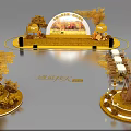 Autumn Themed Stage Design With Golden Trees Round Arch Decorations And Arranged Seats