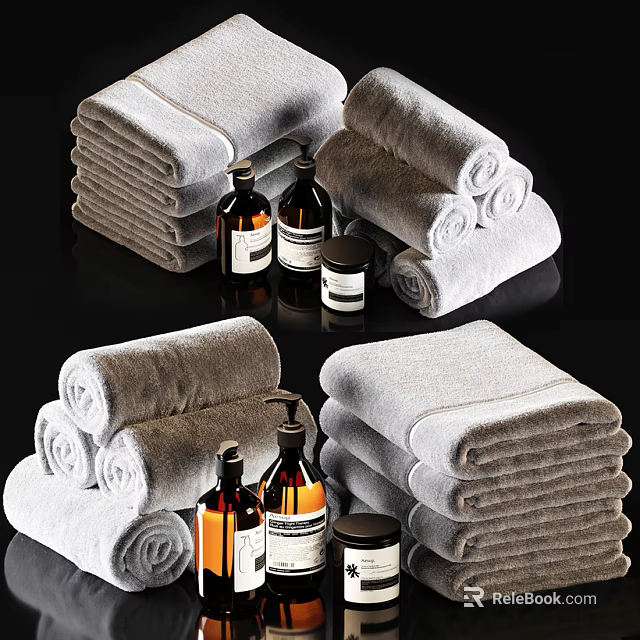 Elegant Bathroom Accessories Including Soft Towels Glass Bottles And Small Jars 3d model 