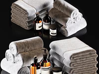 Elegant Bathroom Accessories Including Soft Towels Glass Bottles And Small Jars 3d model