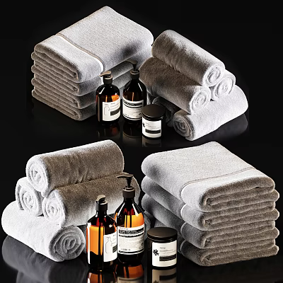 Elegant Bathroom Accessories Including Soft Towels Glass Bottles And Small Jars 3d model