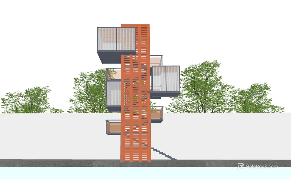 Modern Roadside Facility With Orange Grille Structure And Multi Level Design Surrounded by Trees 3d model