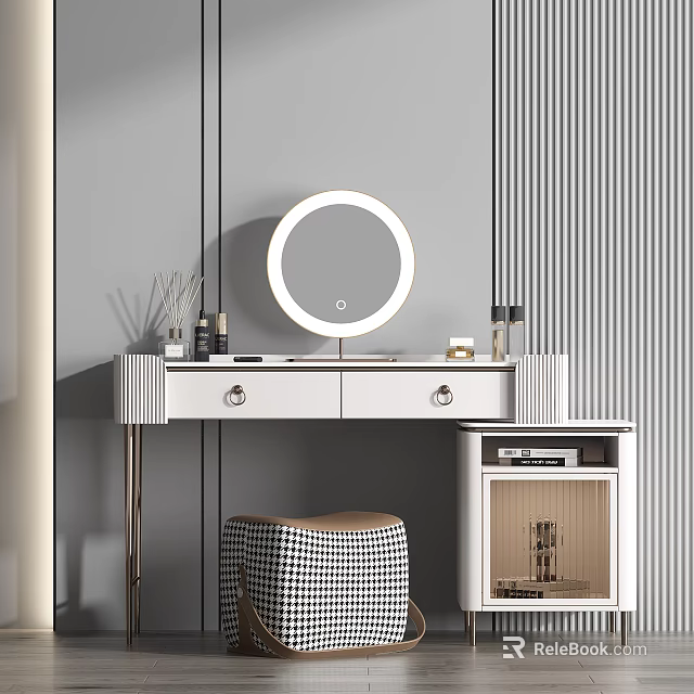 Modern White Vanity Table with Round Mirror Black White Checkered Stool and Cosmetic Bottles Cabinet 3d model 