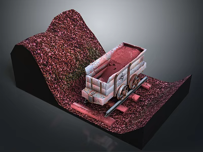 Industrial Mining Cart Equipment On Slope With Red Granular Material And Tracks 3d model