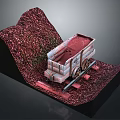 Industrial Mining Cart Equipment On Slope With Red Granular Material And Tracks
