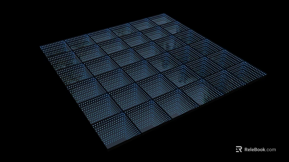 Blue Stage With Grid Pattern Square Panels And Illuminated Holes On Black Background 3d model 