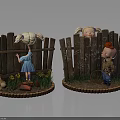 Girl And Boy Doll Figures With Chick Near Wooden Fences And Plants
