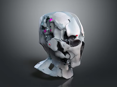 Intricate Mechanical Smart Machine Head Design With Metallic Texture And Pink Red Glowing Elements 3d model