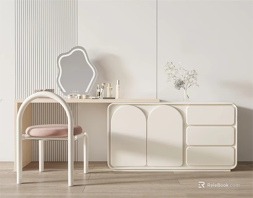 Modern White Dressing Table Interior With Curved Mirror Pink Chair And Cosmetics Decorations 3d model 