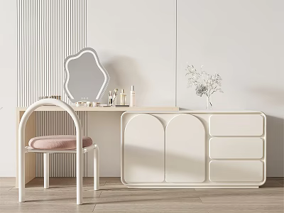 Modern White Dressing Table Interior With Curved Mirror Pink Chair And Cosmetics Decorations 3d model