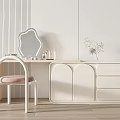 Modern White Dressing Table Interior With Curved Mirror Pink Chair And Cosmetics Decorations