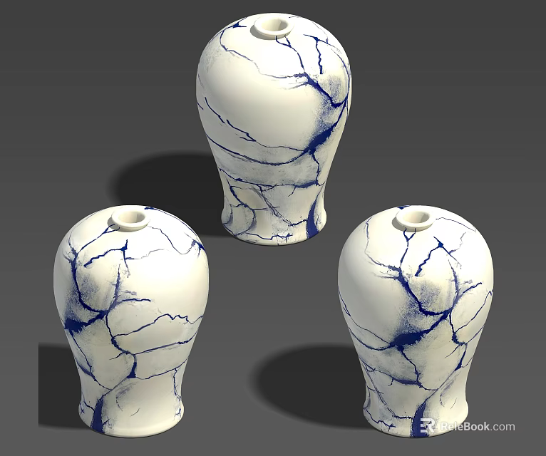 Three White Ceramic Vases With Blue Crackle Pattern For Home Decor 3d model