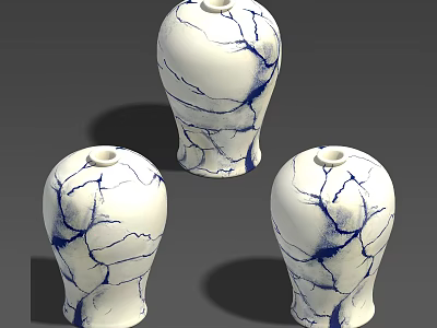 Three White Ceramic Vases With Blue Crackle Pattern For Home Decor 3d model