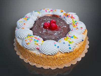 Delicious Chocolate Cake With Red Berries White Whipped Cream Colorful Sprinkles And Crunchy Base 3d model