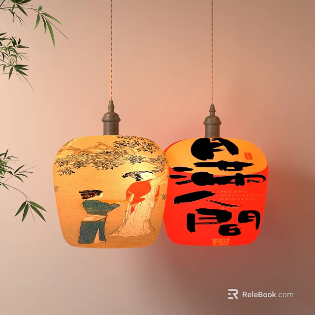 Yellow and Red Chandeliers With Figures Trees Chinese Characters on Light Pink Wall with Bamboo 3d model 