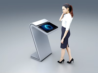 Modern Public Facility Interactive Self Service Kiosk With Touchscreen Display And Woman Using 3d model
