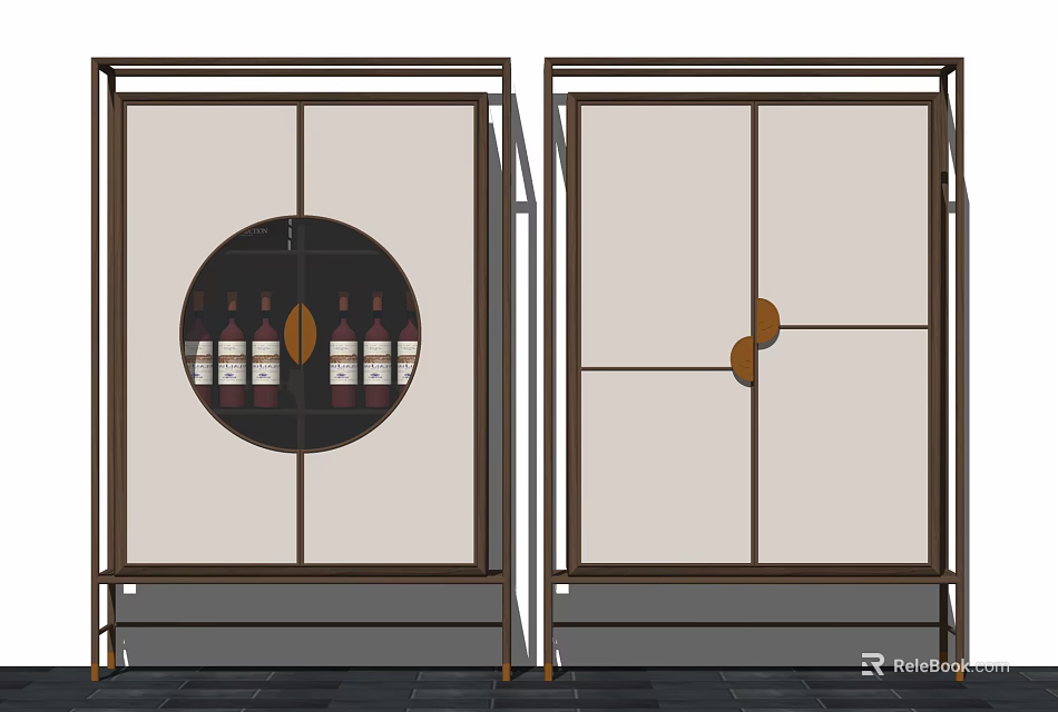 Modern Decorative Wine Cabinet With Circular Glass Door Metal Frame And Wine Bottles 3d model 