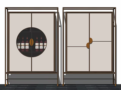 Modern Decorative Wine Cabinet With Circular Glass Door Metal Frame And Wine Bottles 3d model