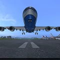 Passenger Airliner Front View On Runway With Four Engines Blue Sky And Airport Terminal