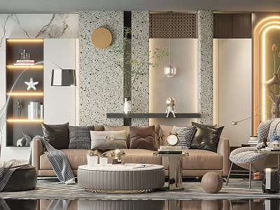 Modern Living Room Sofa And Coffee Table Set With Throw Pillows Decorative Wall And Plant 3d model