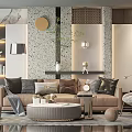 Modern Living Room Sofa And Coffee Table Set With Throw Pillows Decorative Wall And Plant
