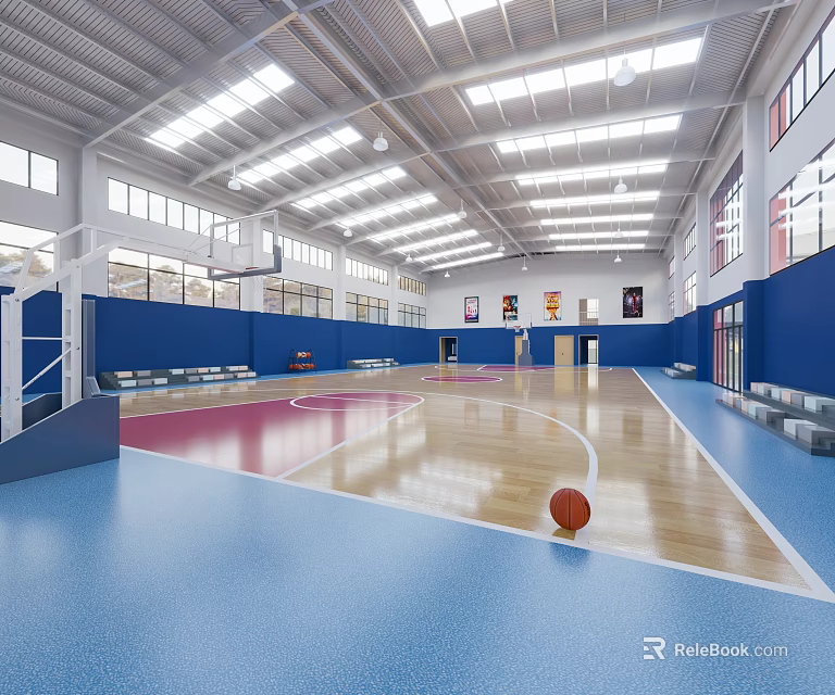 Indoor Basketball Court With Wooden Flooring Blue Walls And Skylights 3d model 