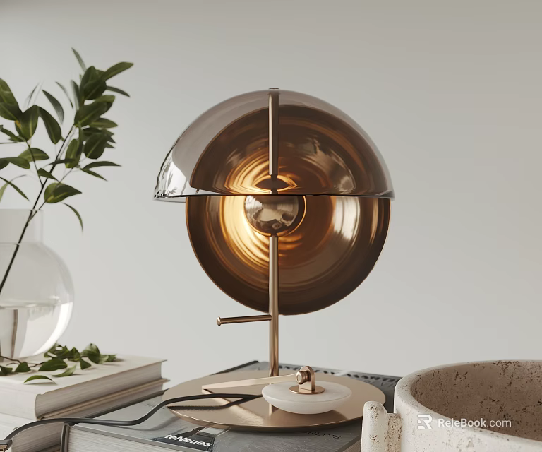 Modern Minimalist Table Lamp with Golden Metallic Shade and Green Plant Decor 3d model 