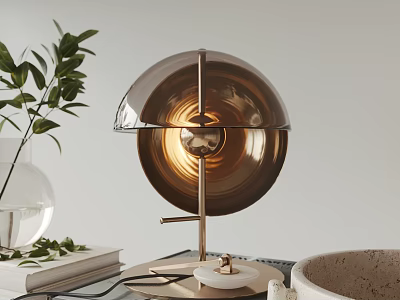Modern Minimalist Table Lamp with Golden Metallic Shade and Green Plant Decor 3d model