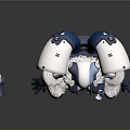 Futuristic Blue And White Mechanical Character With Red Circular Parts Furry Legs And Long Staff