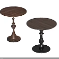 Two Circular Wooden Side Tables With Walnut Top And Decorative Pedestal Base