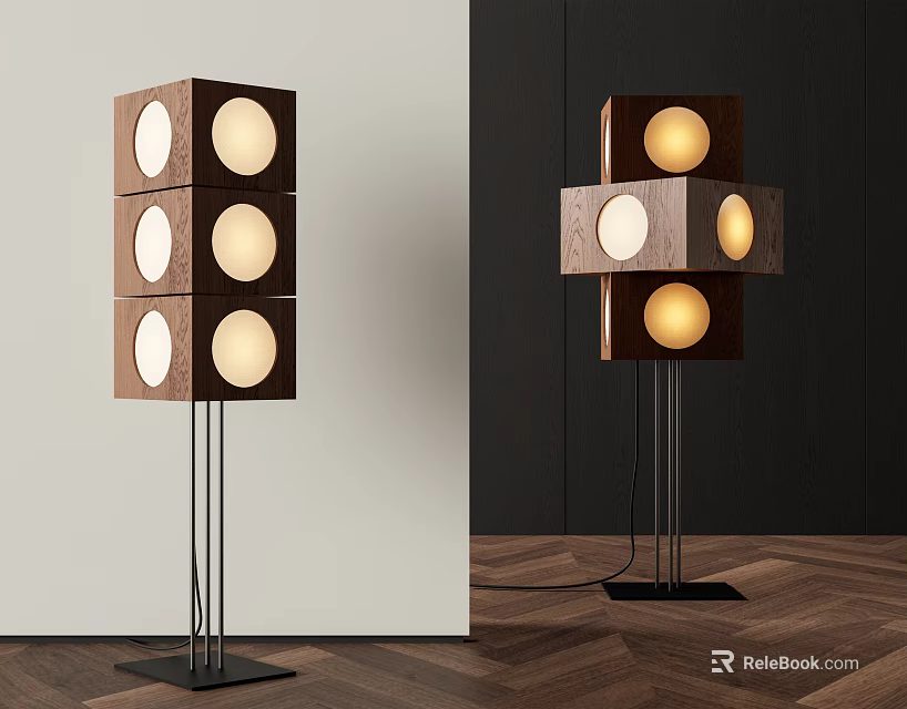 Modern Cube Floor Lamp with Wooden Structure Round Warm Light Shades and Black Metal Base 3d model 