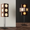 Modern Cube Floor Lamp with Wooden Structure Round Warm Light Shades and Black Metal Base