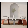 Elegant Red Armchairs With Black Armrests And White Round Table In Interior Arched Niche
