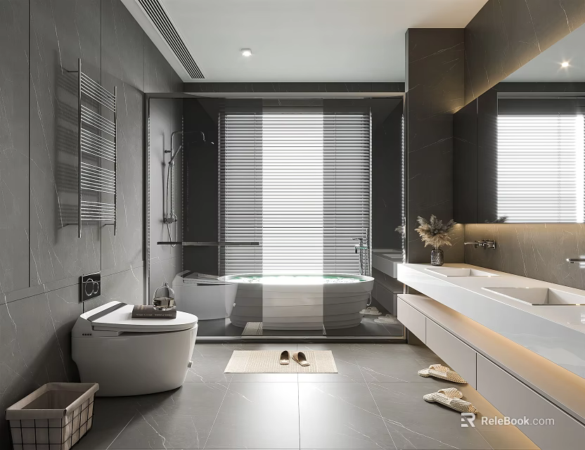 Modern Bathroom Interior Design With Bathtub Double Sinks Large Mirror And Venetian Blinds 3d model 