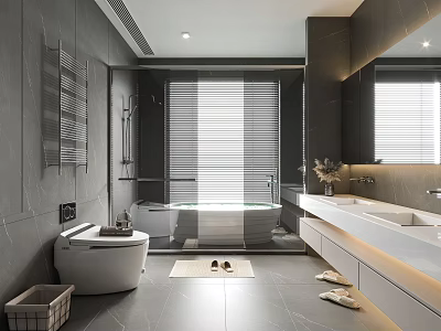 Modern Bathroom Interior Design With Bathtub Double Sinks Large Mirror And Venetian Blinds 3d model