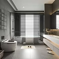 Modern Bathroom Interior Design With Bathtub Double Sinks Large Mirror And Venetian Blinds