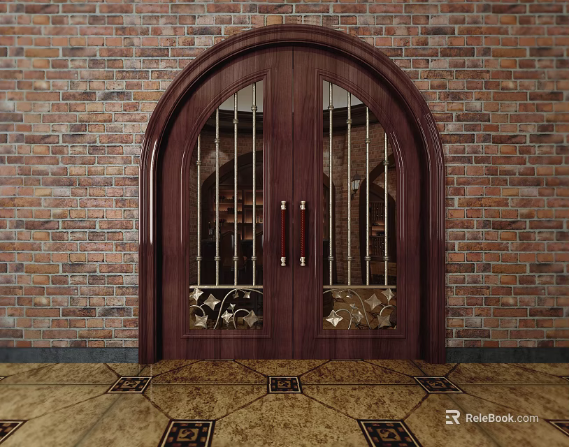 Arched Wooden Double Doors With Glass And Metal Grilles Against Brick Wall And Decorative Floor 3d model 