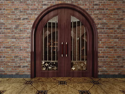 Arched Wooden Double Doors With Glass And Metal Grilles Against Brick Wall And Decorative Floor 3d model