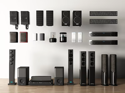 Various Types of Headphones and Speakers with Modern Design Displayed on Wall and Wooden Floor 3d model
