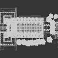 Grand Architectural Interior With Red Carpet Columns Symmetric Plants And High Ceiling